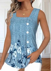 Dusty Blue Button Floral Print Sleeveless Tank Top | thumb picture 