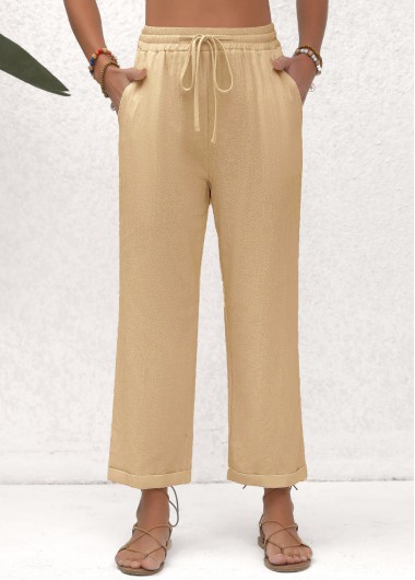 women clothes image of Beige Pocket Elastic Waist High Waisted Pants