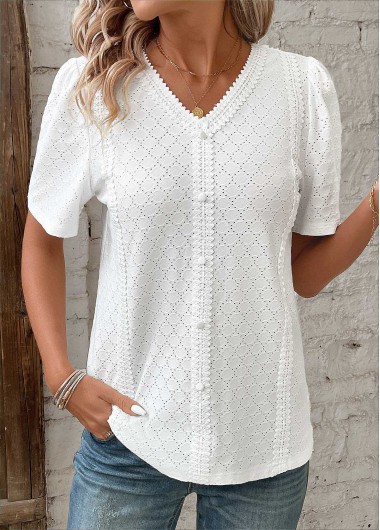 women clothes image of White Patchwork Short Sleeve V Neck Blouse