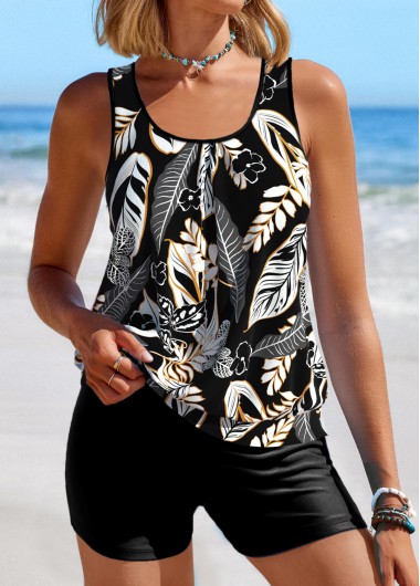 women clothes image of Patchwork Leaf Print Black Tankini Set