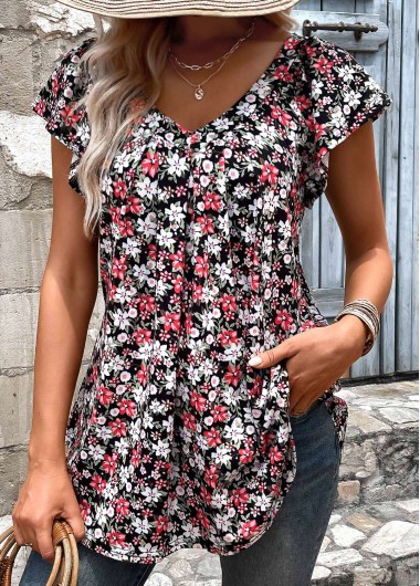 women clothes image of Black Ruched Floral Print Short Sleeve T Shirt