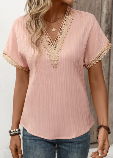 women clothes image of Light Pink Patchwork Short Sleeve V Neck T Shirt