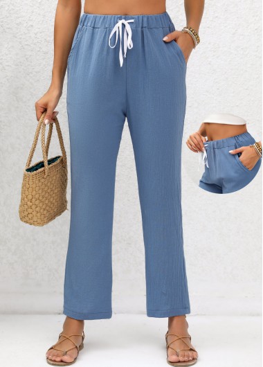 women clothes image of Denim Blue Double Side Pockets Elastic Waist Pants