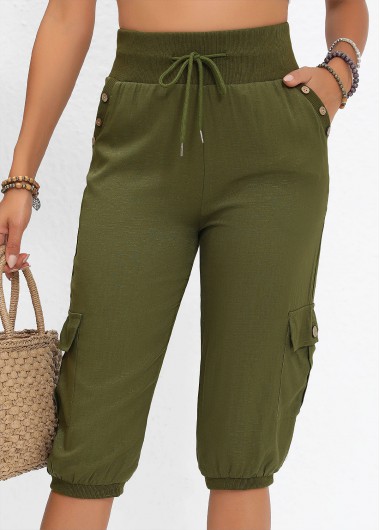 women clothes image of Olive Green Pocket Jogger Elastic Waist High Waisted Pants
