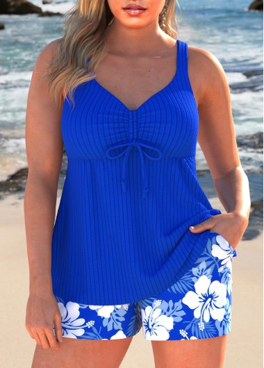 Modlily Ruched Floral Print Royal Blue Tankini Set - M