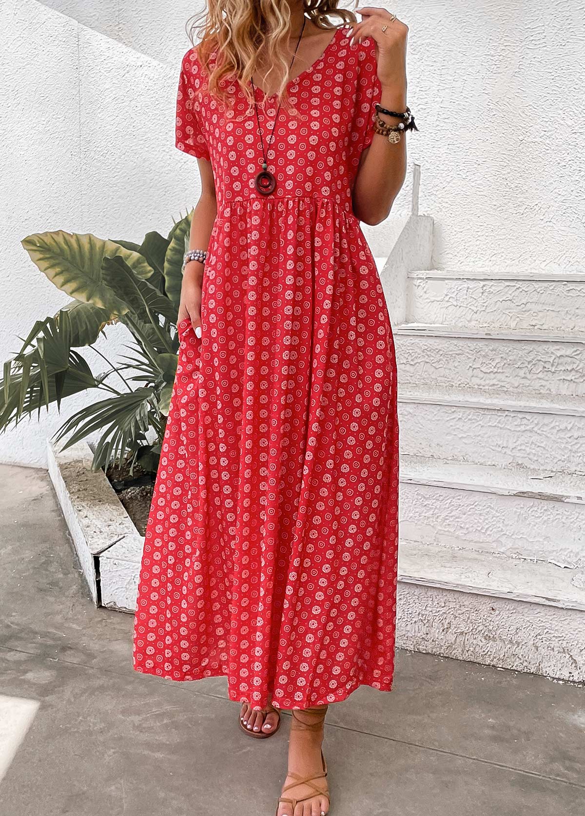Modlily Red Pocket Geometric Print Maxi A Line Dress  XL