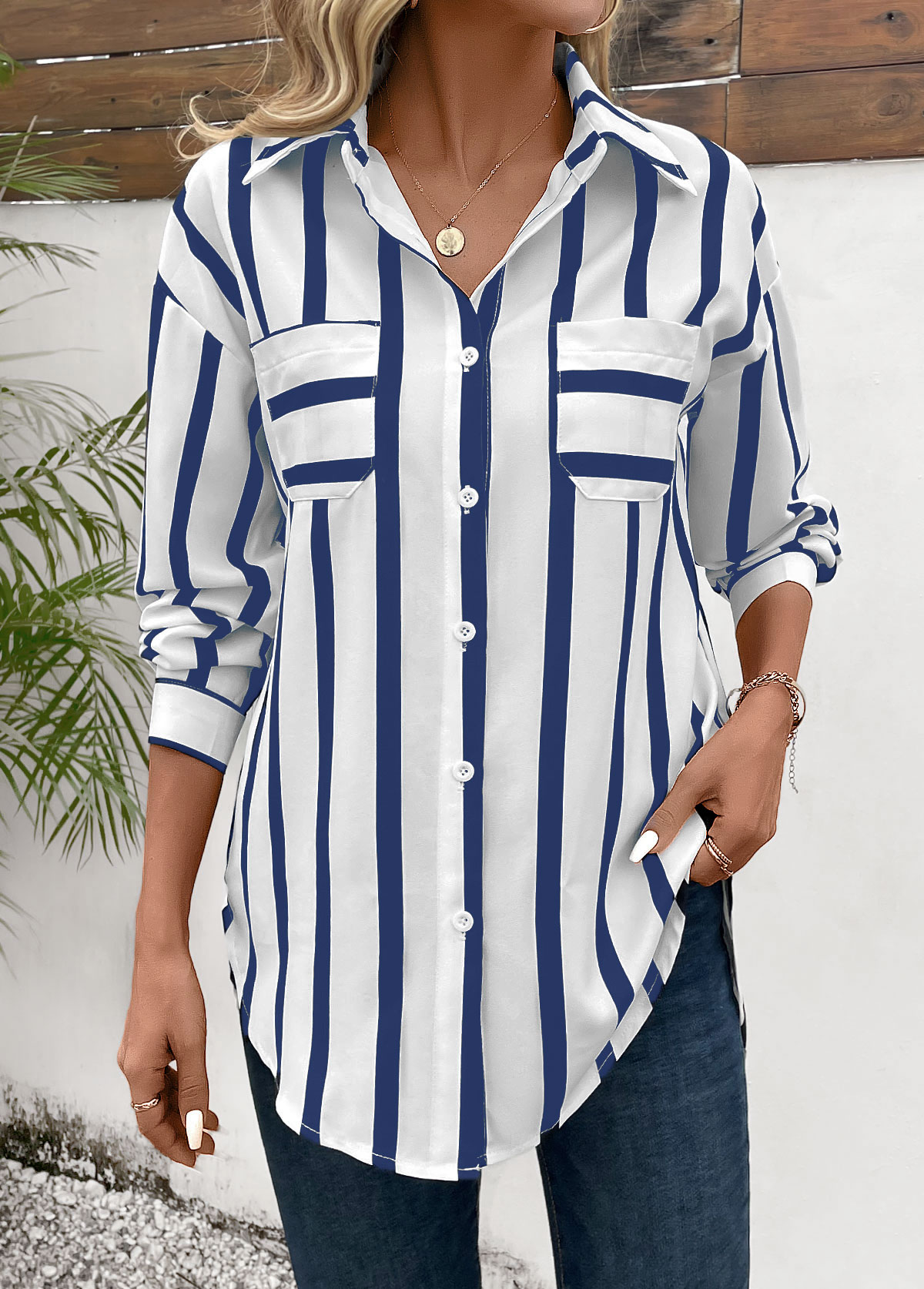 Blue Pocket Striped Long Sleeve Shirt Collar Blouse