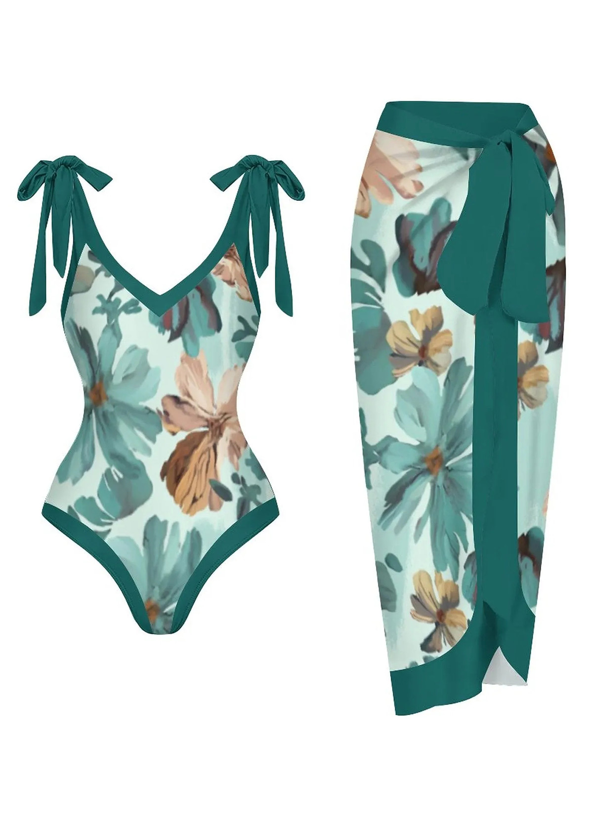 Floral Print Turquoise One Piece Swimwear and Skirt