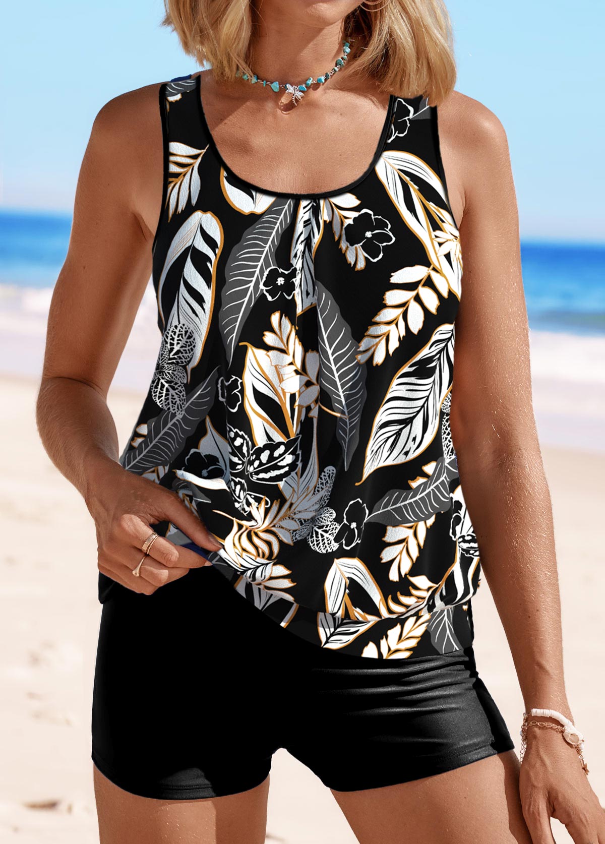 Patchwork Leaf Print Black Tankini Set | picture 