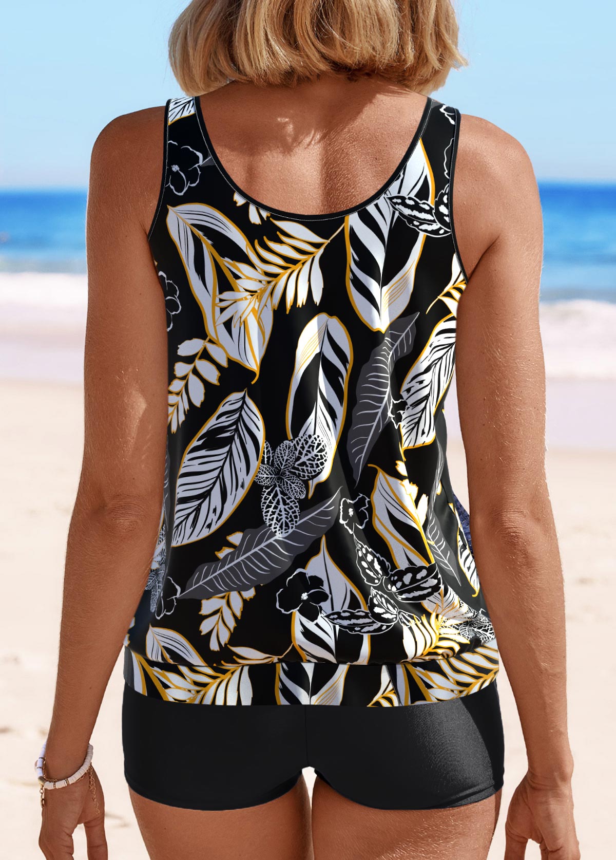 Patchwork Leaf Print Black Tankini Set | picture 