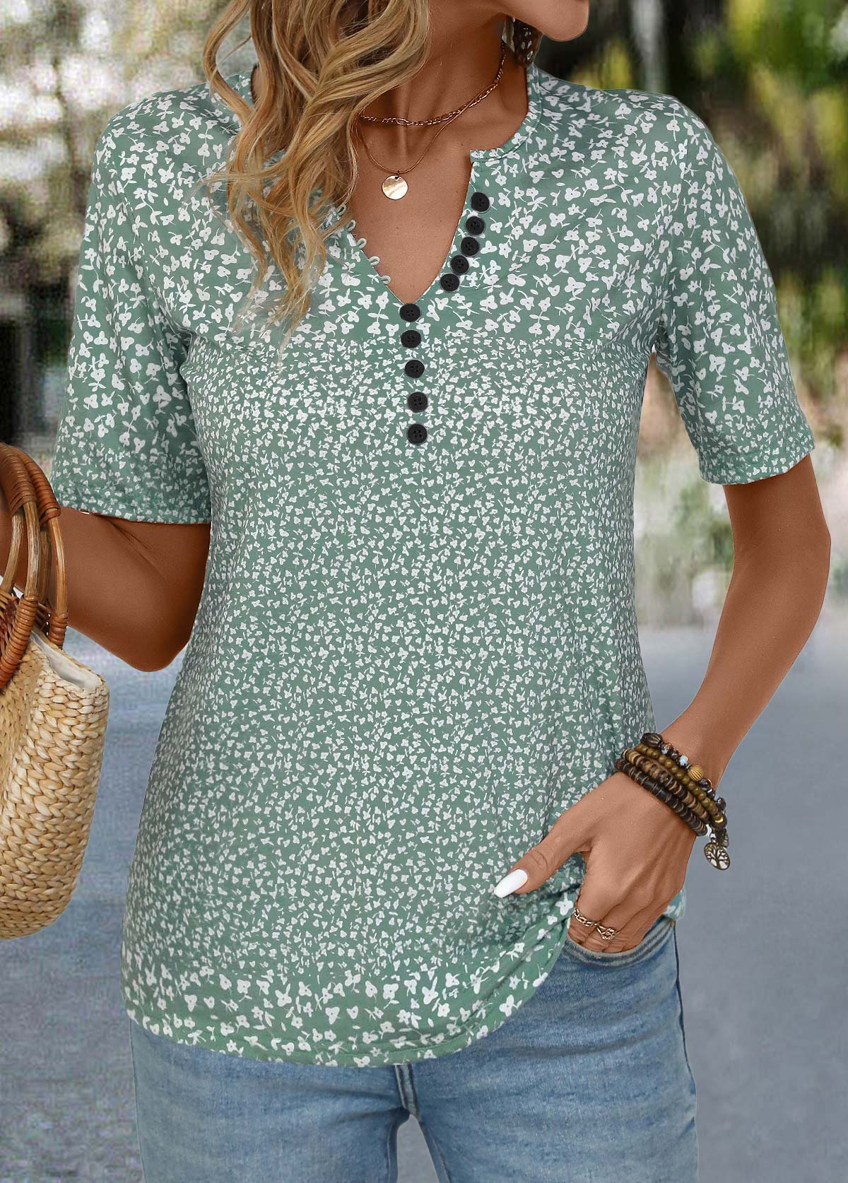 Sage Green Button Ditsy Floral Print T Shirt