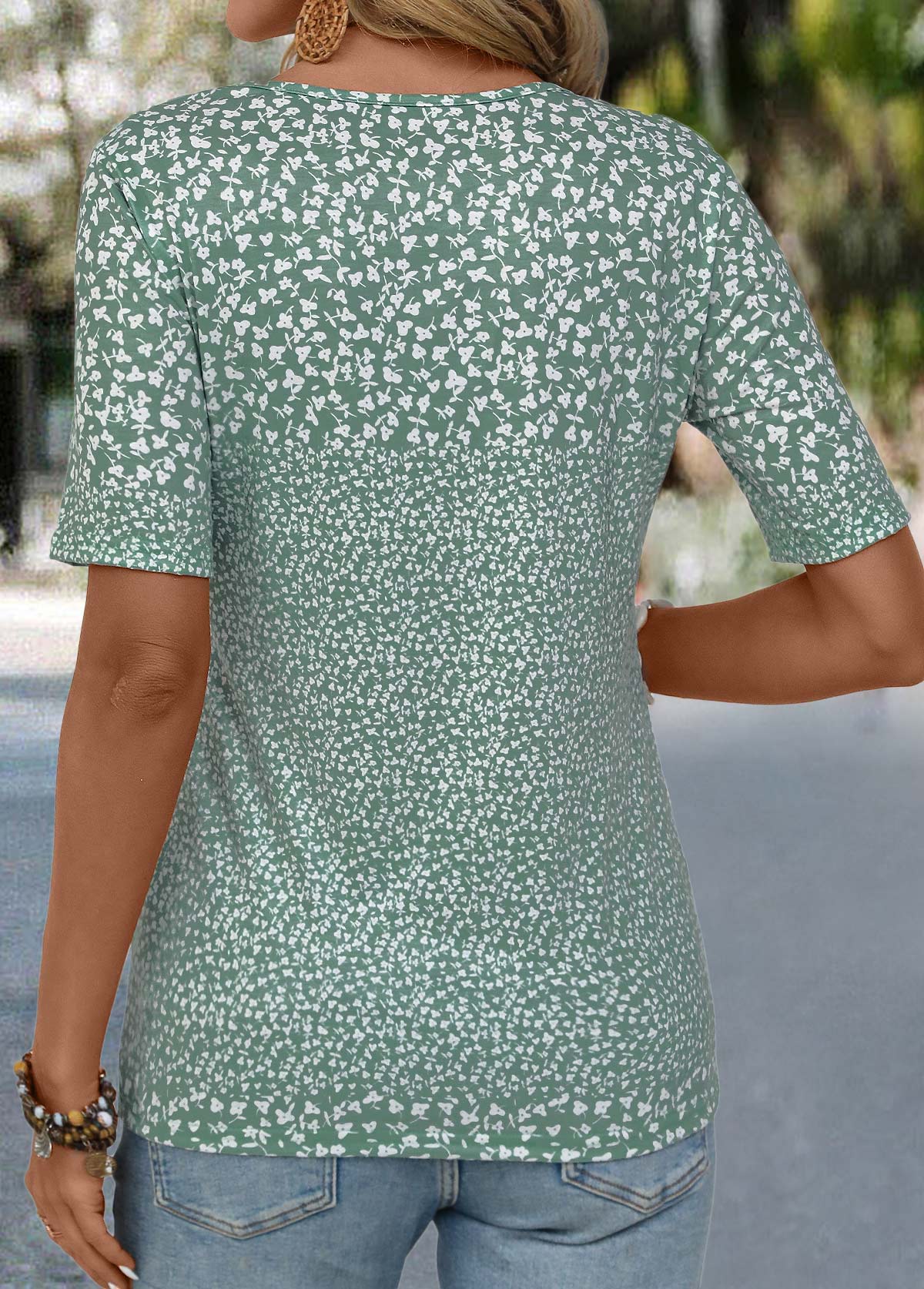 Sage Green Button Ditsy Floral Print T Shirt