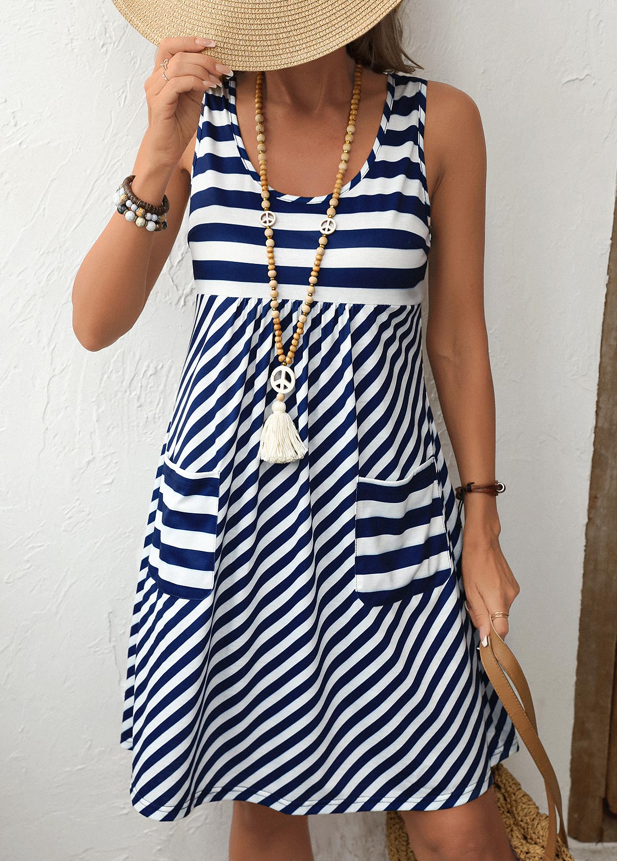 Navy Striped A-Line Sleeveless Scoop Neck Dress with Pockets