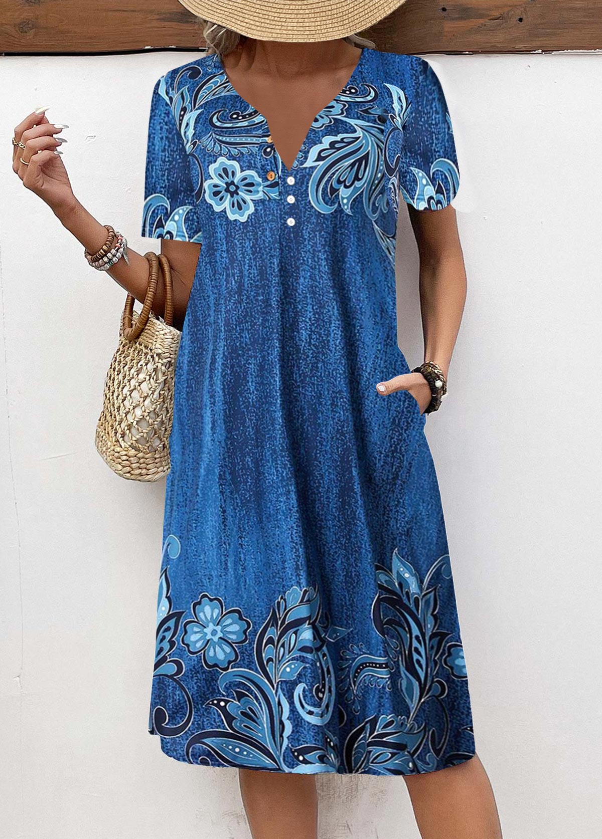 Denim Blue Button Floral Print A Line Dress