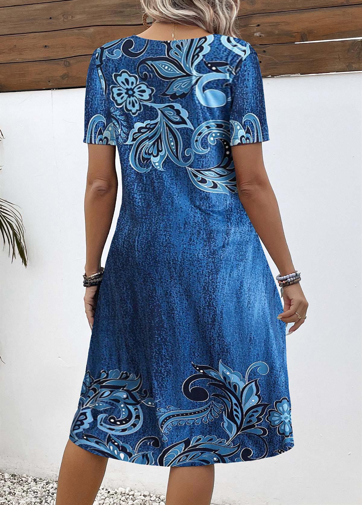 Denim Blue Button Floral Print A Line Dress