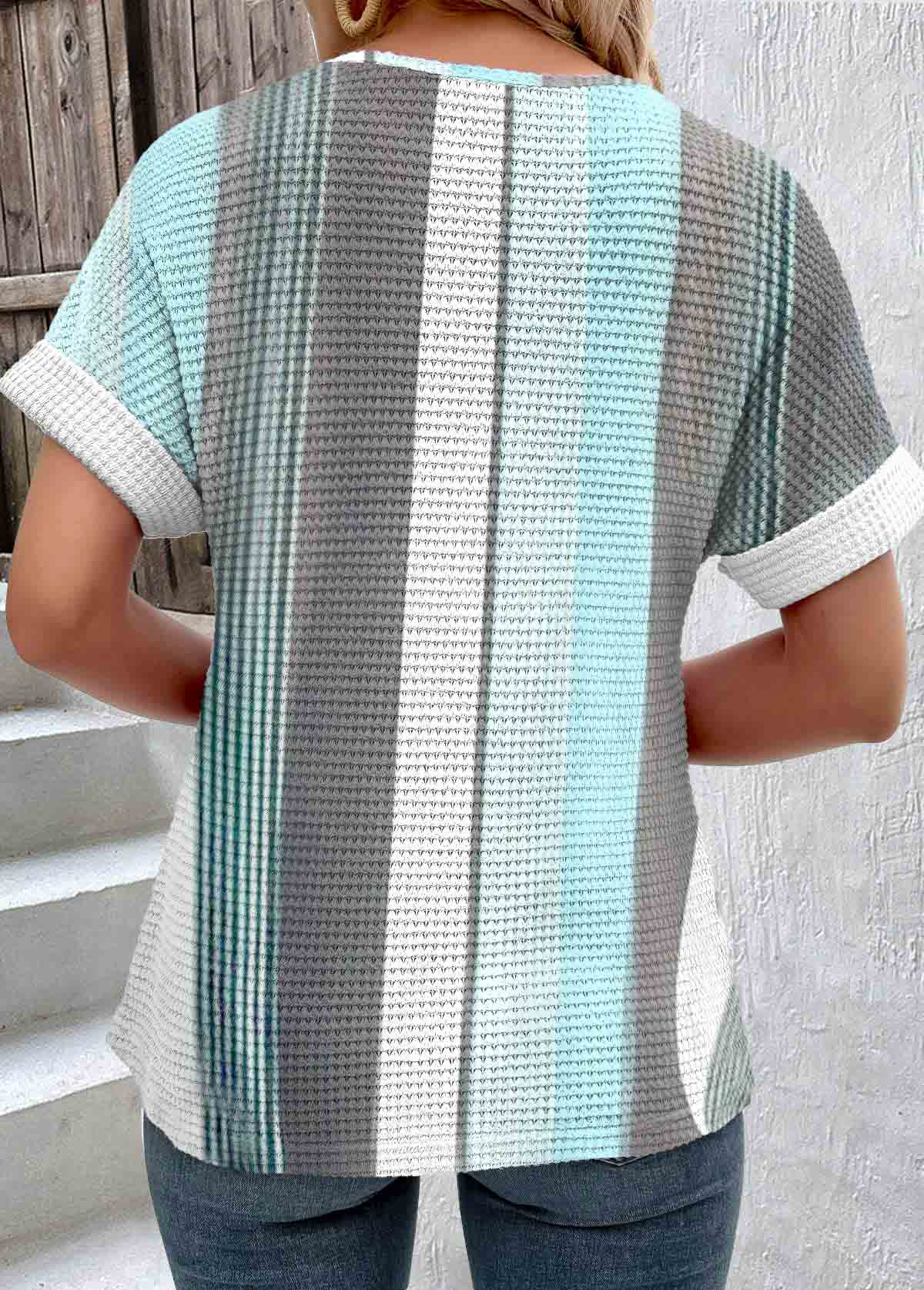 Blue Patchwork Striped Short Sleeve Round Neck T Shirt