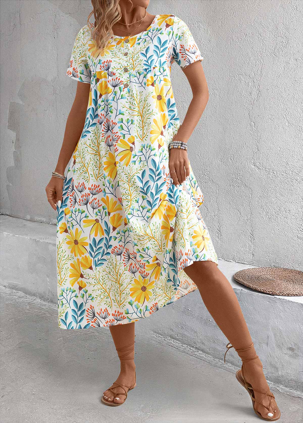 Yellow Pocket Floral Print A Line Short Sleeve Dress