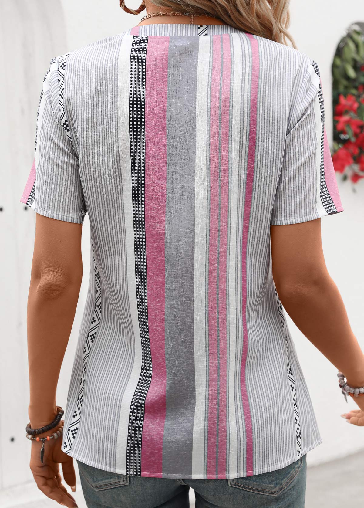 Pink Patchwork Striped Short Sleeve Split Neck Shirt