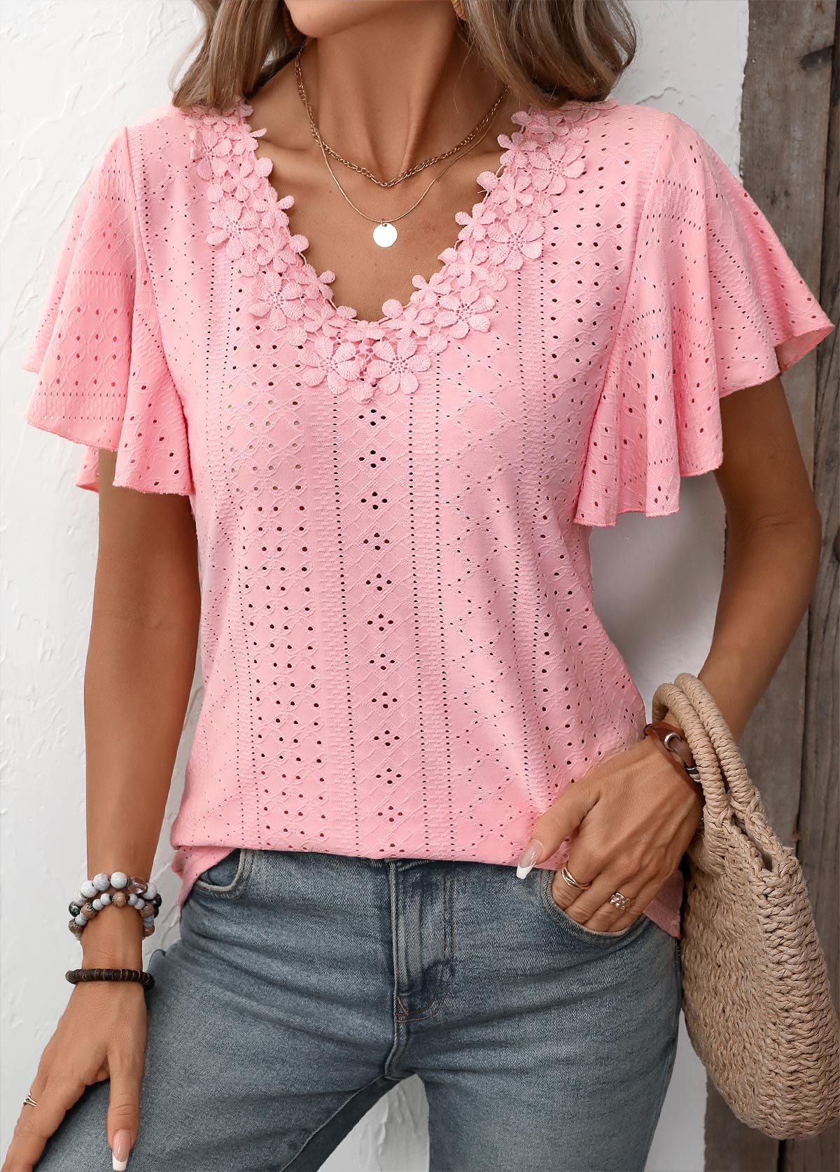 Light Pink Patchwork Short Sleeve V Neck T Shirt