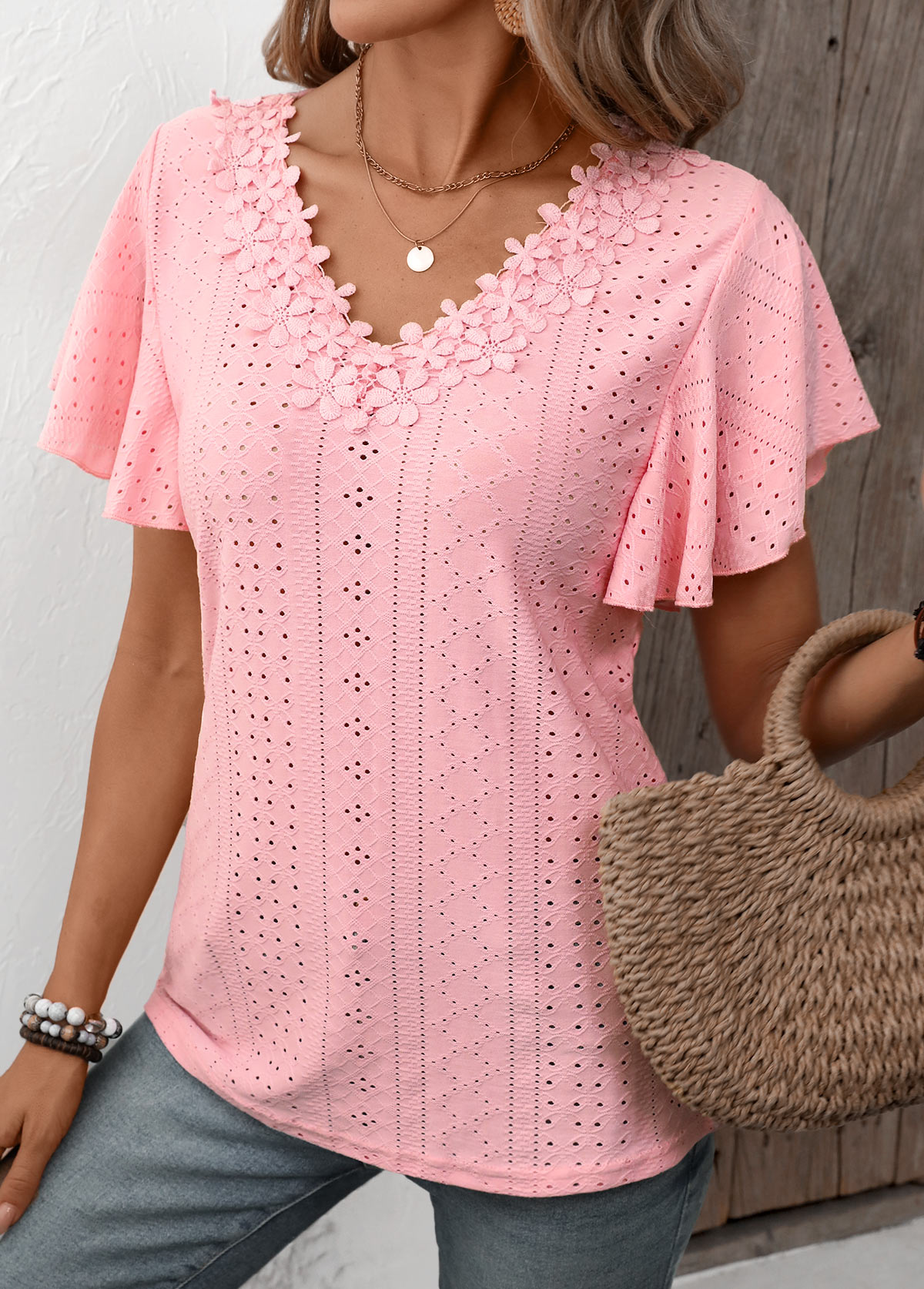 Light Pink Patchwork Short Sleeve V Neck T Shirt
