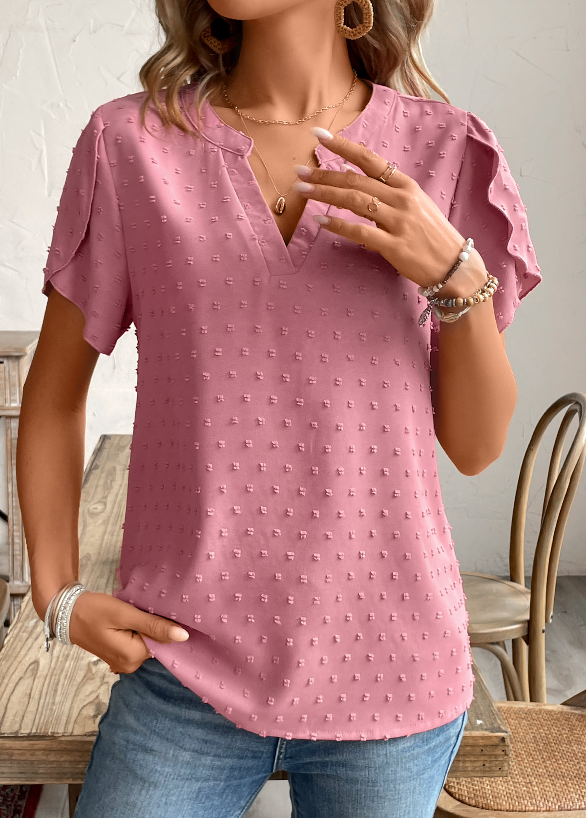 Pink Patchwork Short Sleeve Split Neck Shirt