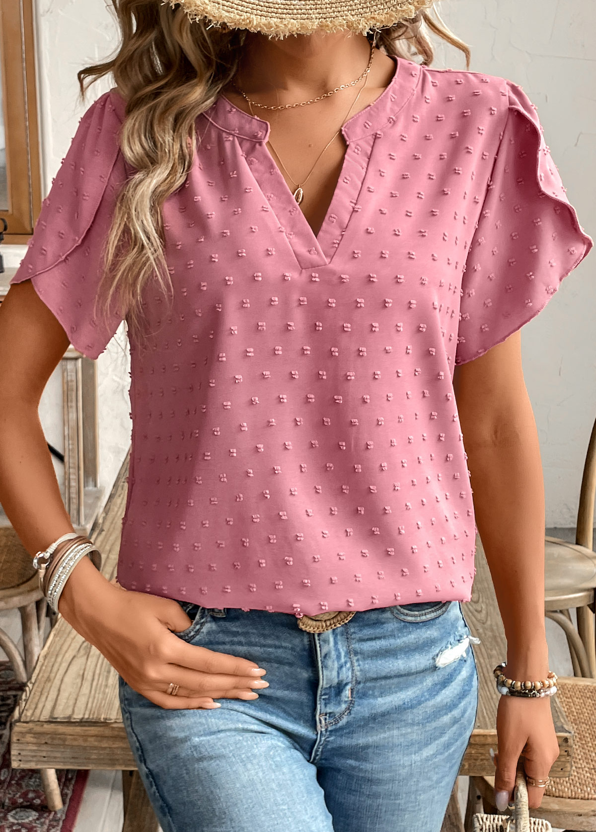 Pink Patchwork Short Sleeve Split Neck Shirt