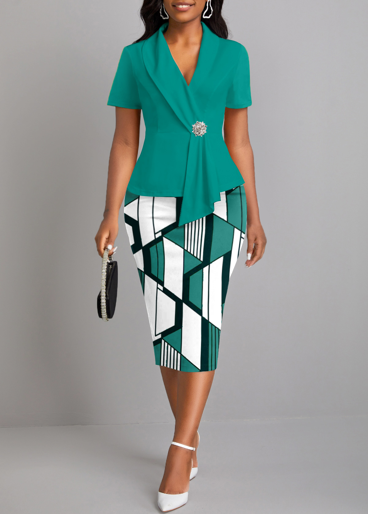 Turquoise Fake 2in1 Geometric Print Short Sleeve Bodycon Dress
