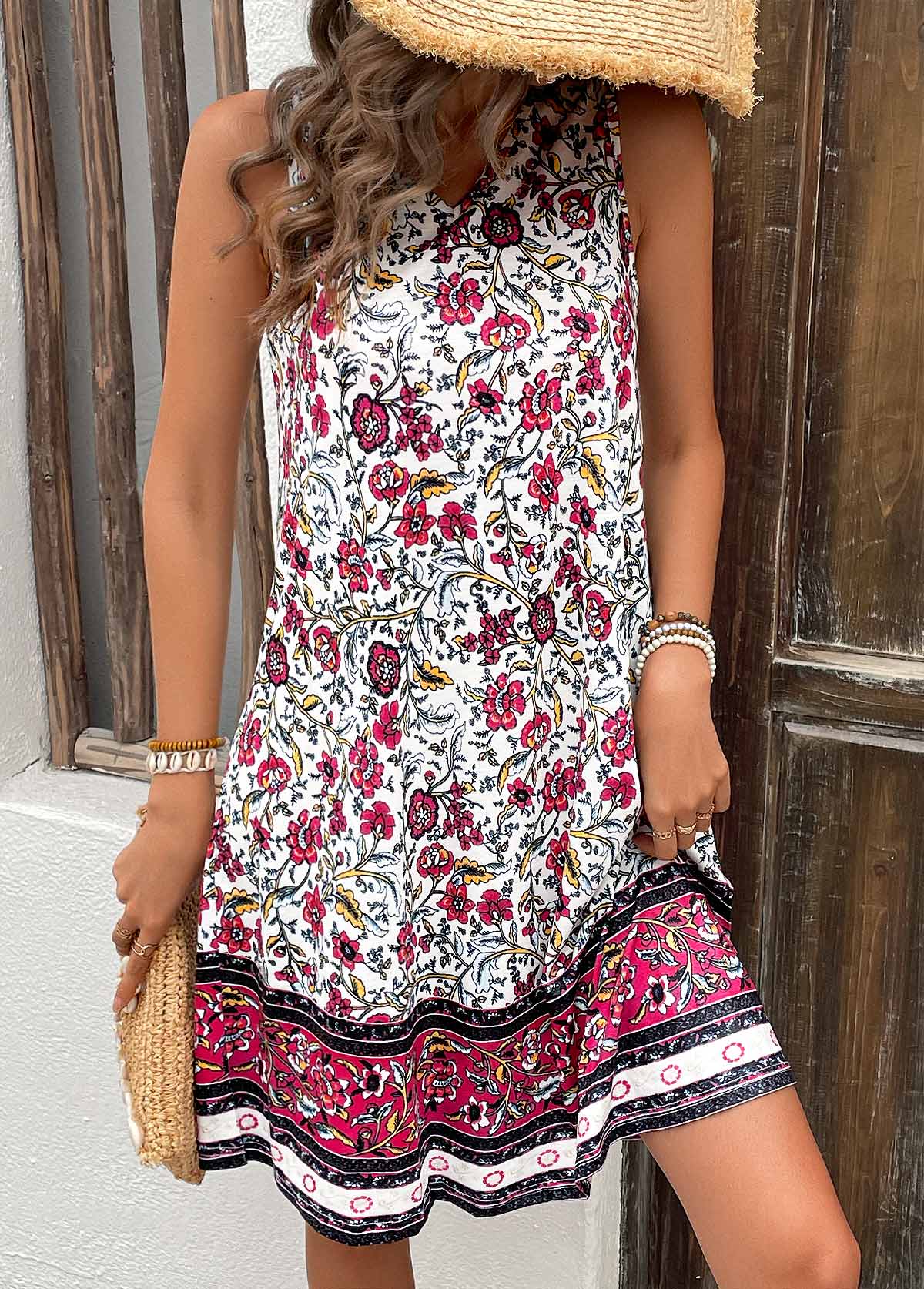 Hot Pink Breathable Floral Print A Line Sleeveless Dress