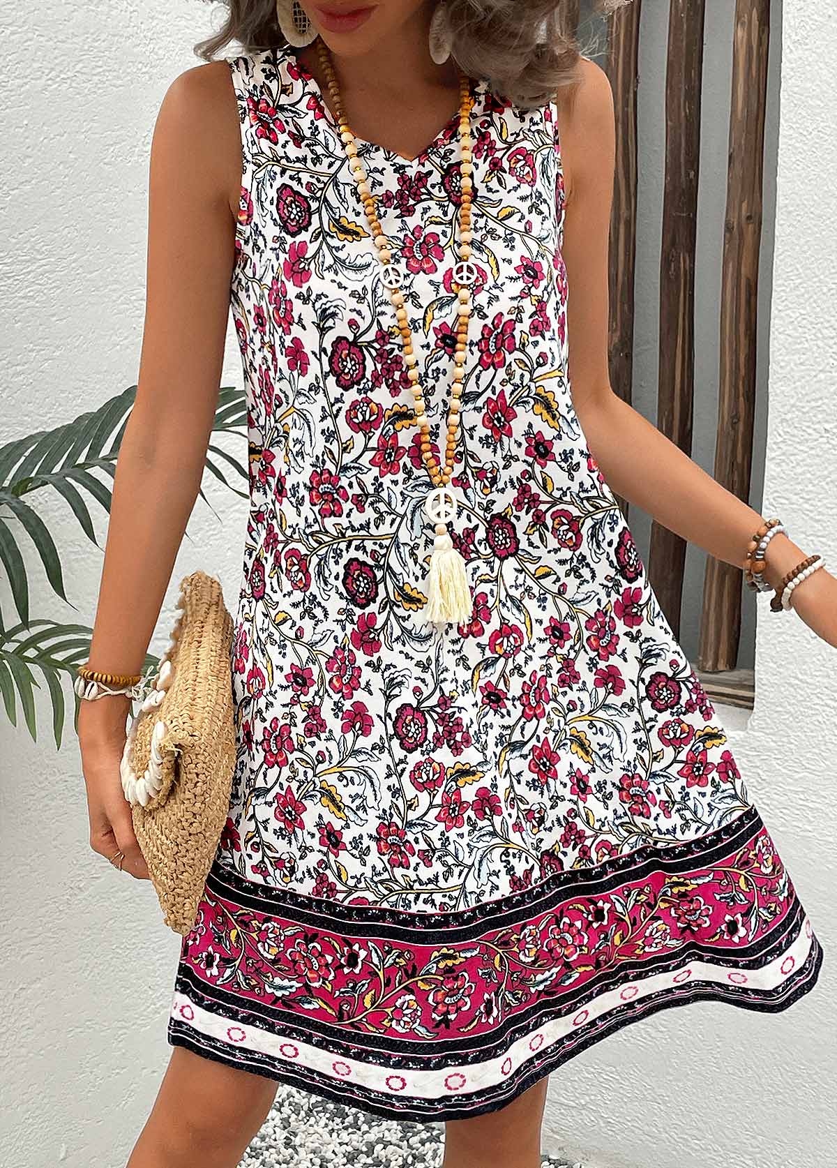 Hot Pink Breathable Floral Print A Line Sleeveless Dress