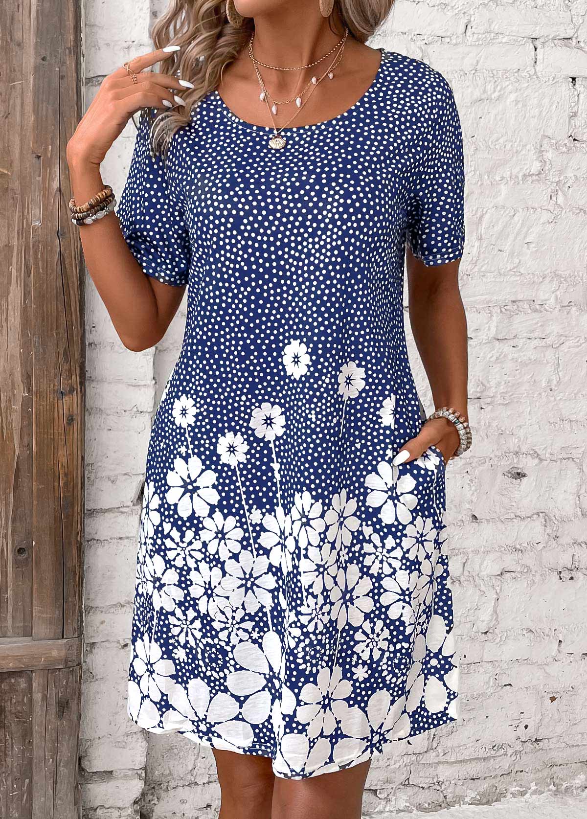 Blue Pocket Floral Print Short Round Neck Dress