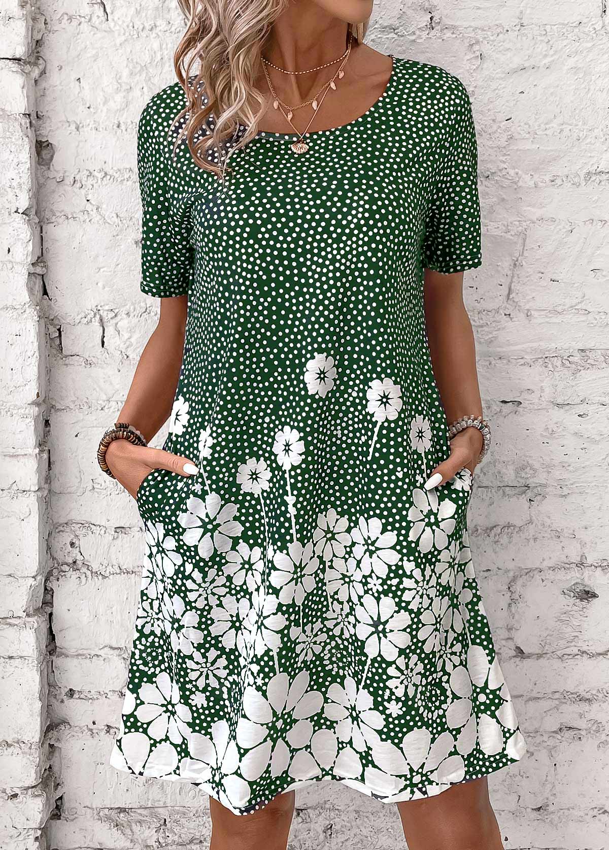 Green Pocket Floral Print Short Round Neck Dress