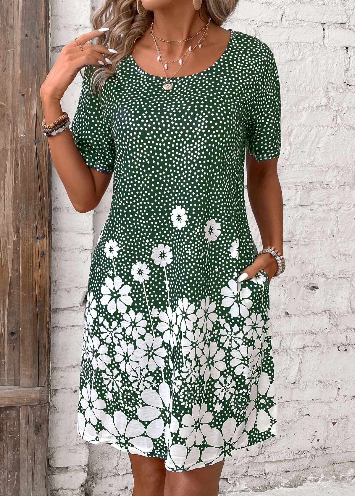 Green Pocket Floral Print Short Round Neck Dress