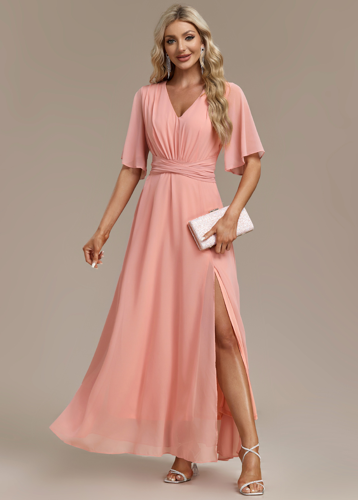Dusty Pink Split Half Sleeve V Neck Maxi Dress