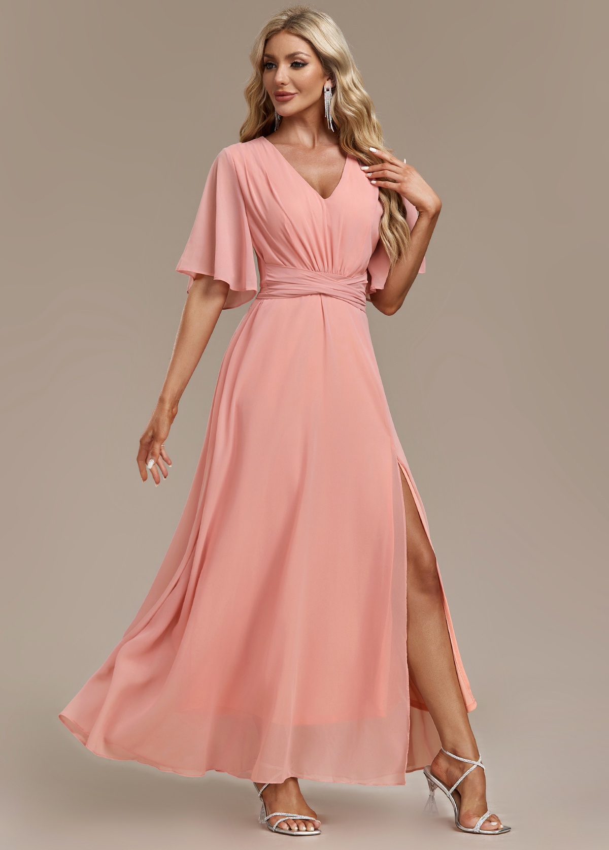 Dusty Pink Split Half Sleeve V Neck Maxi Dress