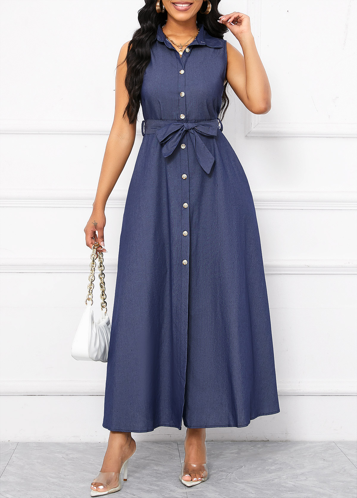 Denim Blue Button Belted Sleeveless Shirt Collar Maxi Dress