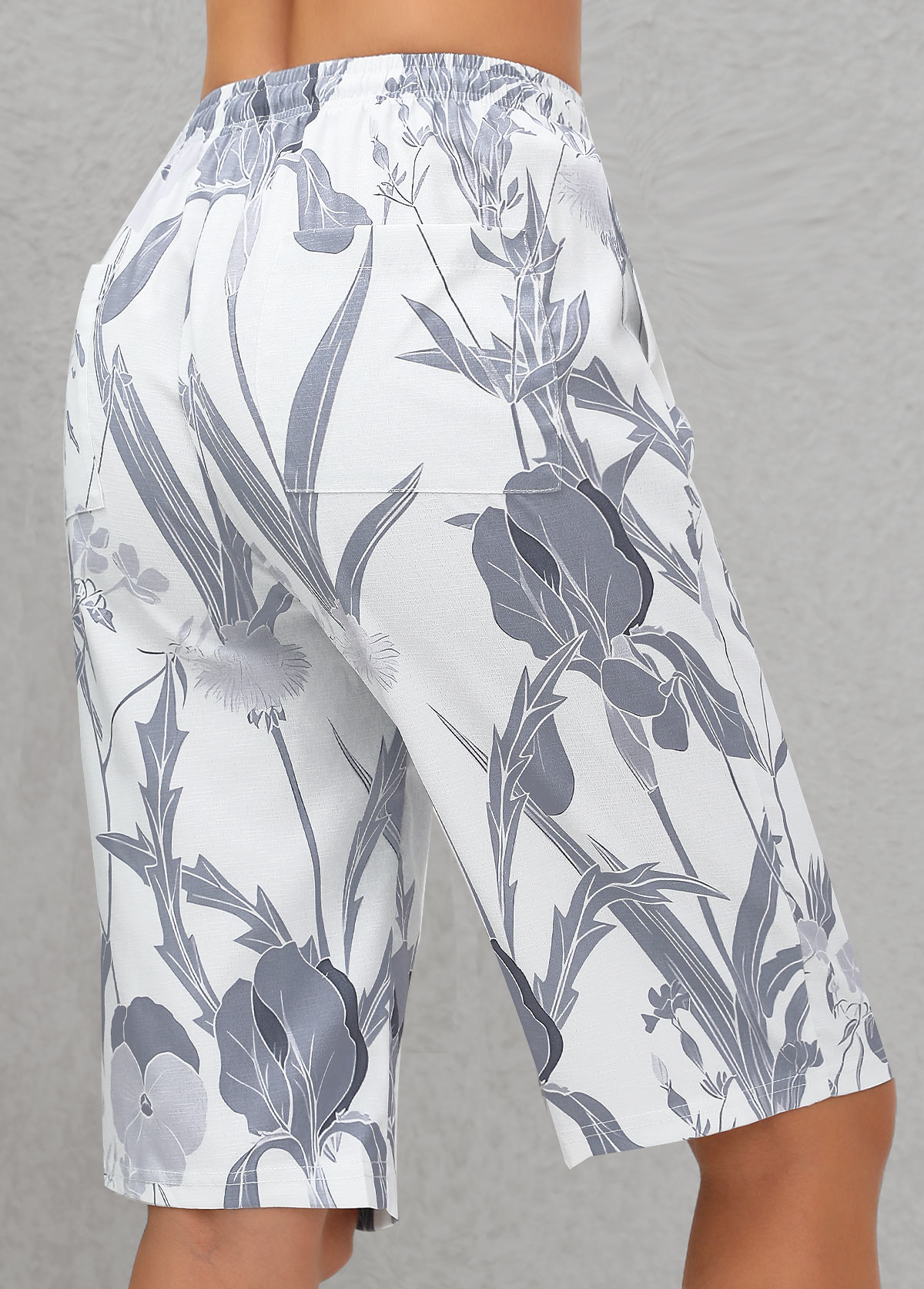 Dark Grey Pocket Plants Print Elastic Waist Shorts