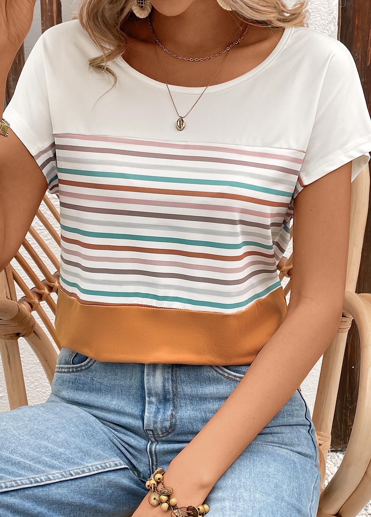 Terracotta Striped Short Sleeve Round Neck T Shirt
