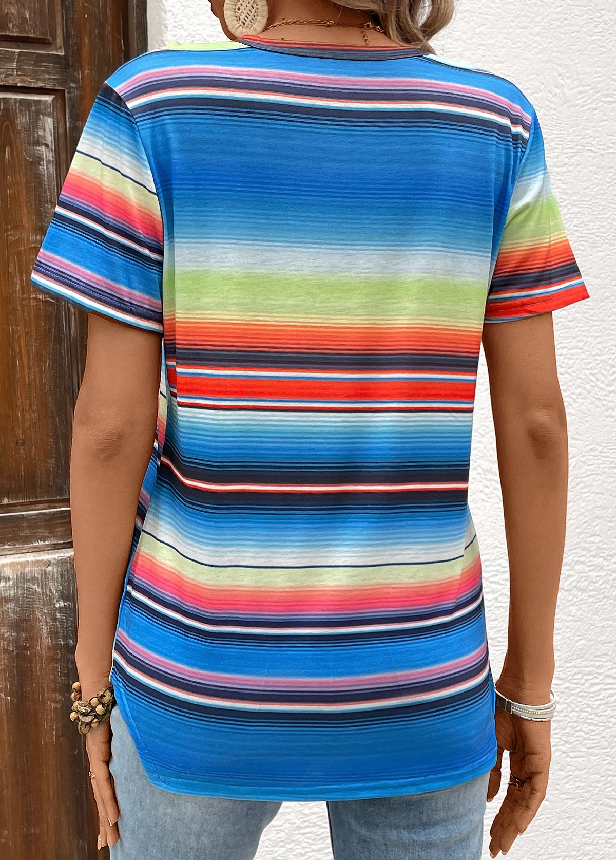 Sky Blue Cut Out Striped Short Sleeve T Shirt