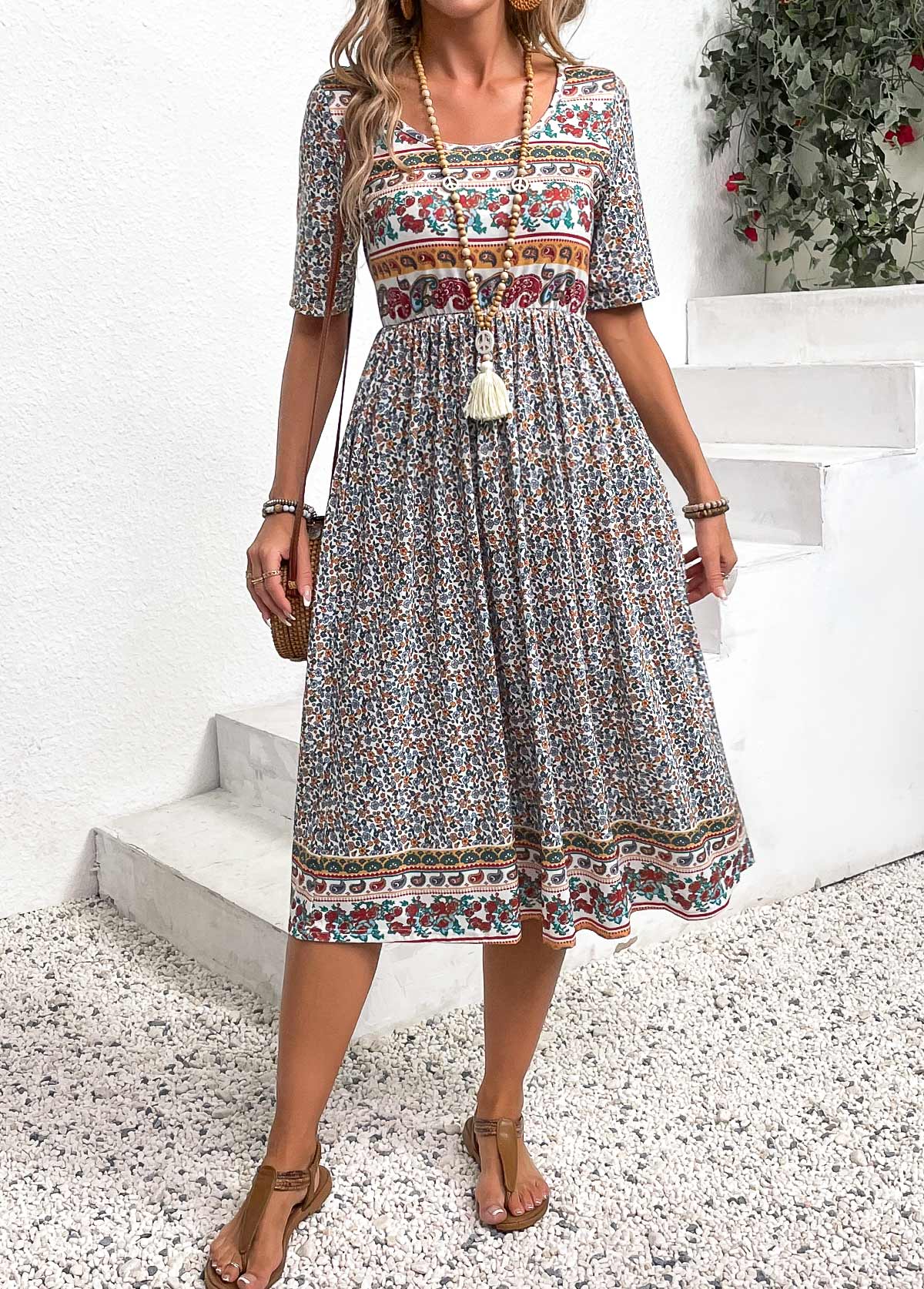 Multi Color Ruched Ditsy Floral Print Short Sleeve Dress