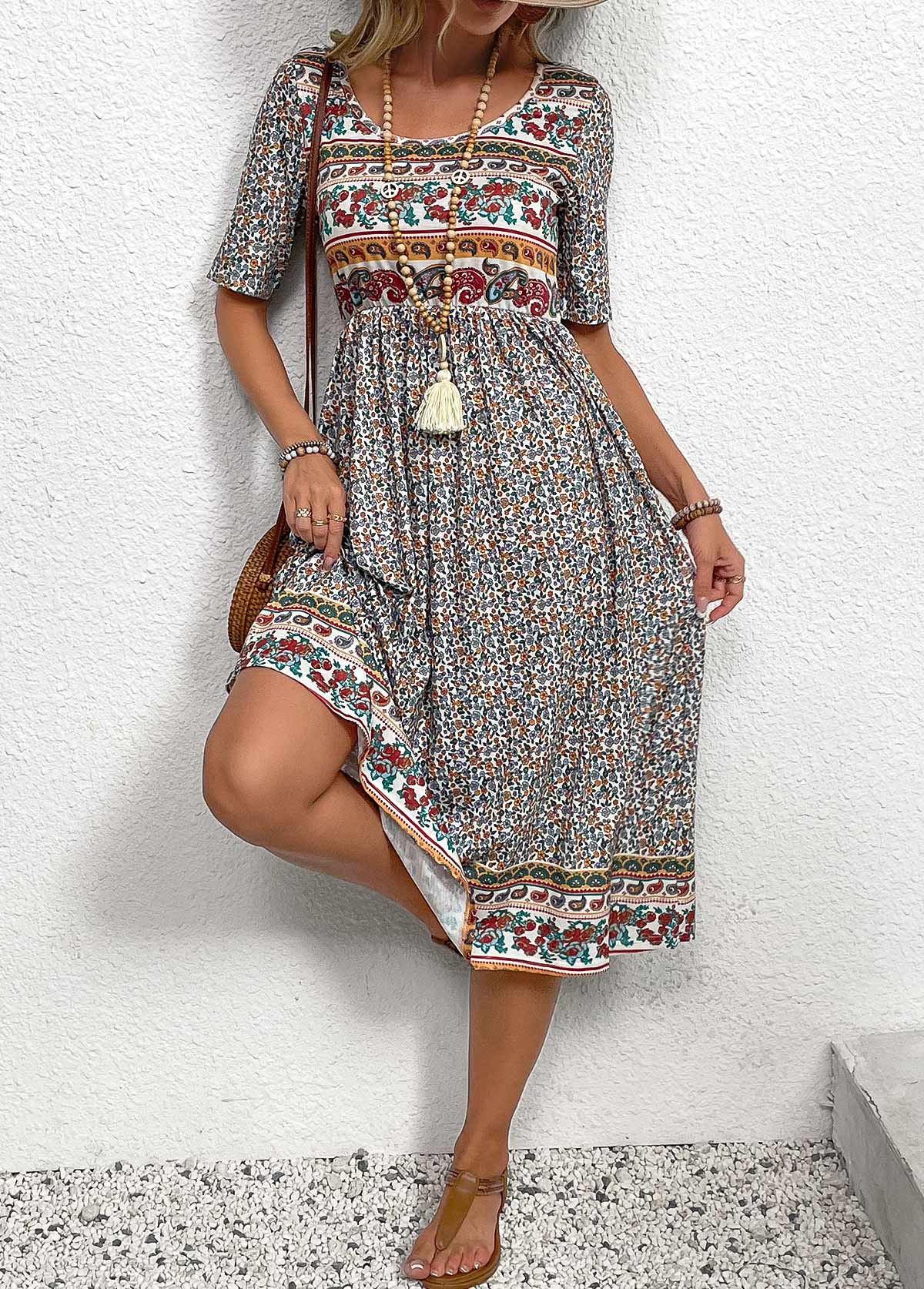 Multi Color Ruched Ditsy Floral Print Short Sleeve Dress