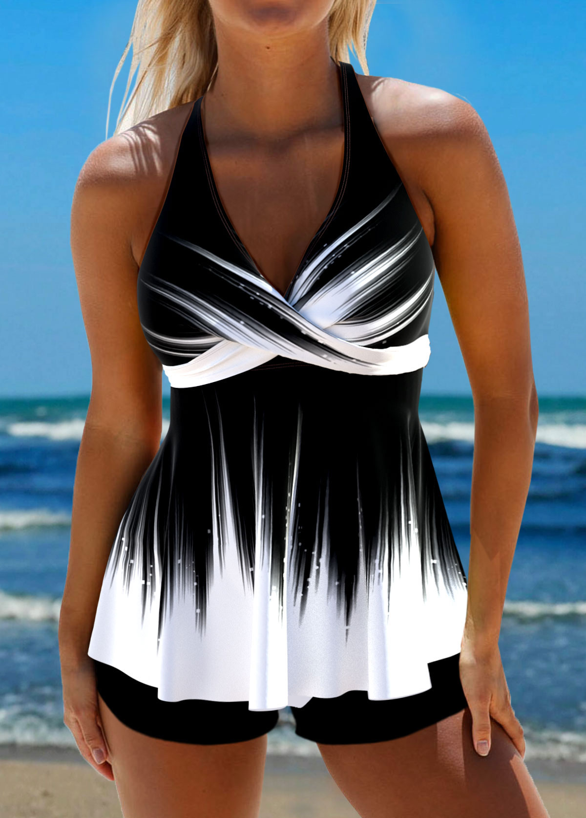 Surplice Ombre Black Tie Back Tankini Set | picture 