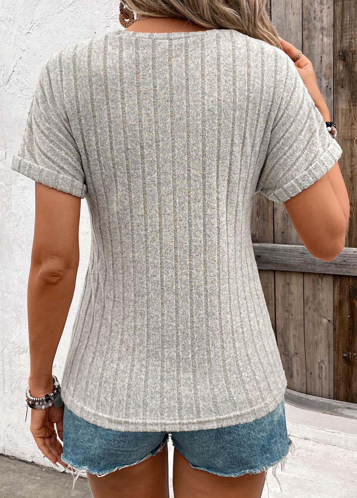 Light Grey Patchwork Short Sleeve Round Neck T Shirt
