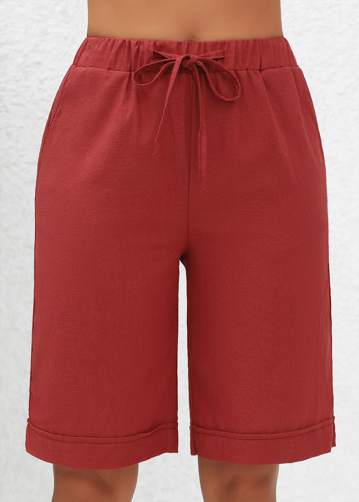 Brick Red Pocket Elastic Waist High Waisted Shorts