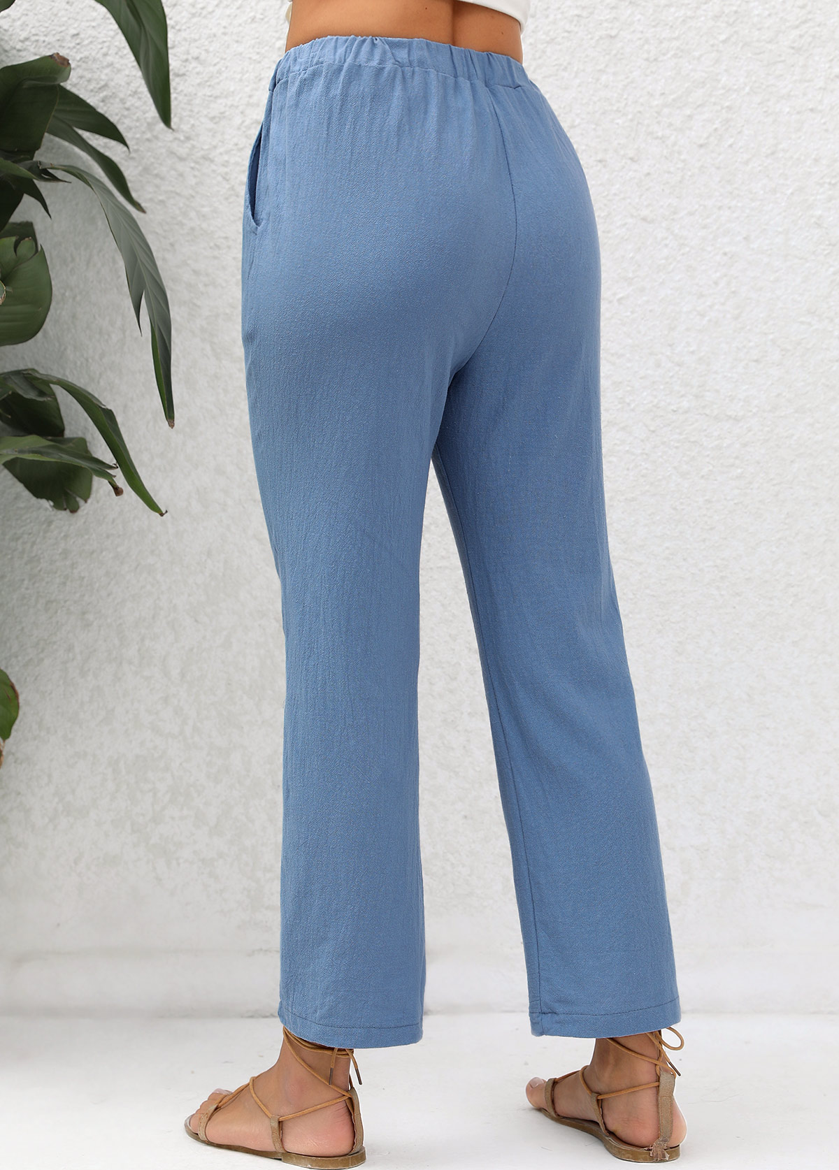 Denim Blue Double Side Pockets Elastic Waist Pants