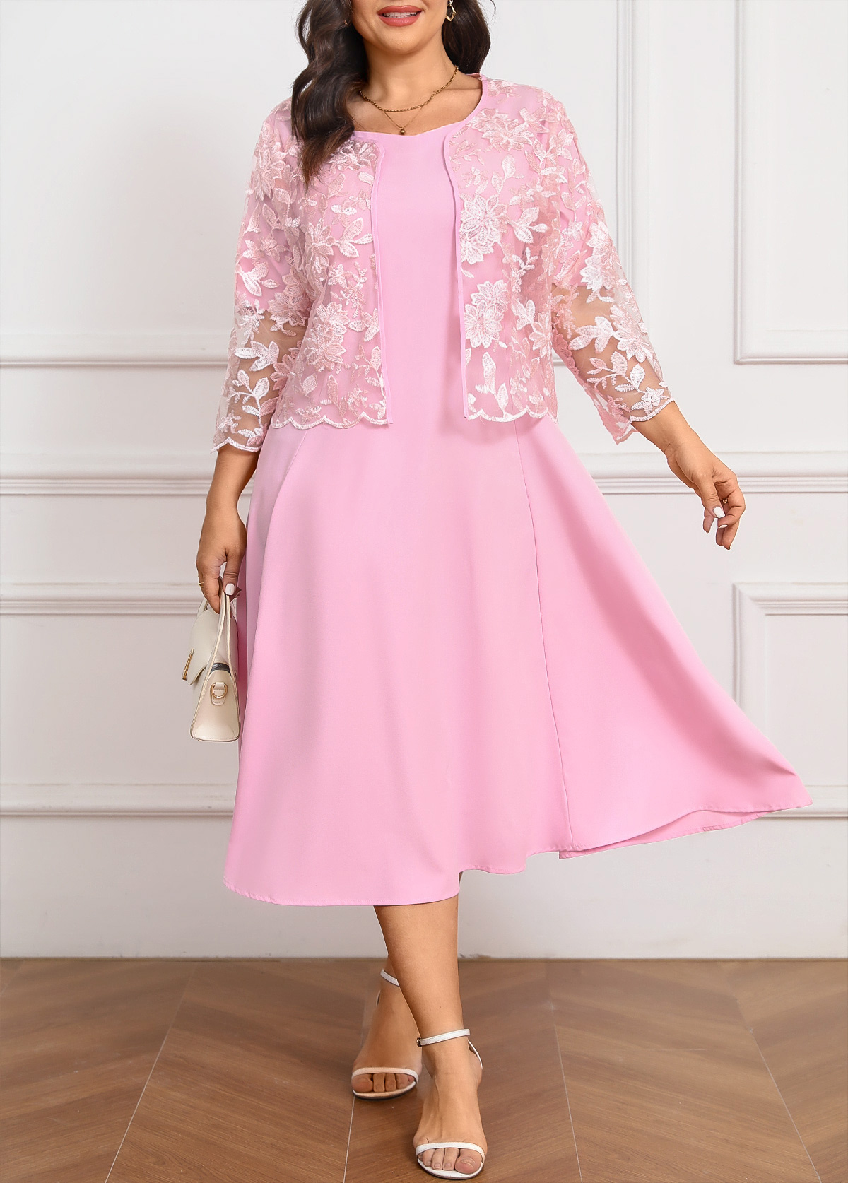 Pink Two Piece Plus Size Dress and Cardigan