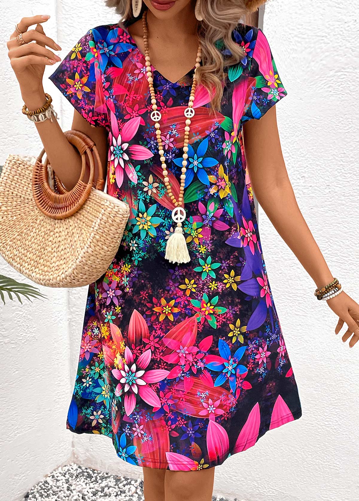 Multi Color Floral Print Short Sleeve Shift Dress