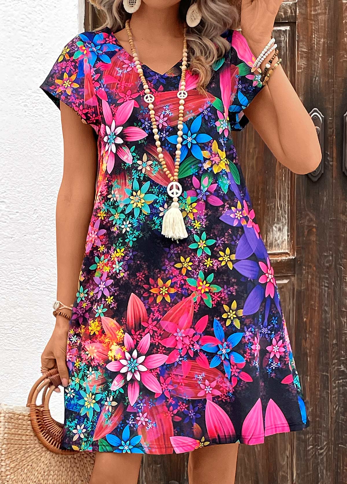 Multi Color Floral Print Short Sleeve Shift Dress