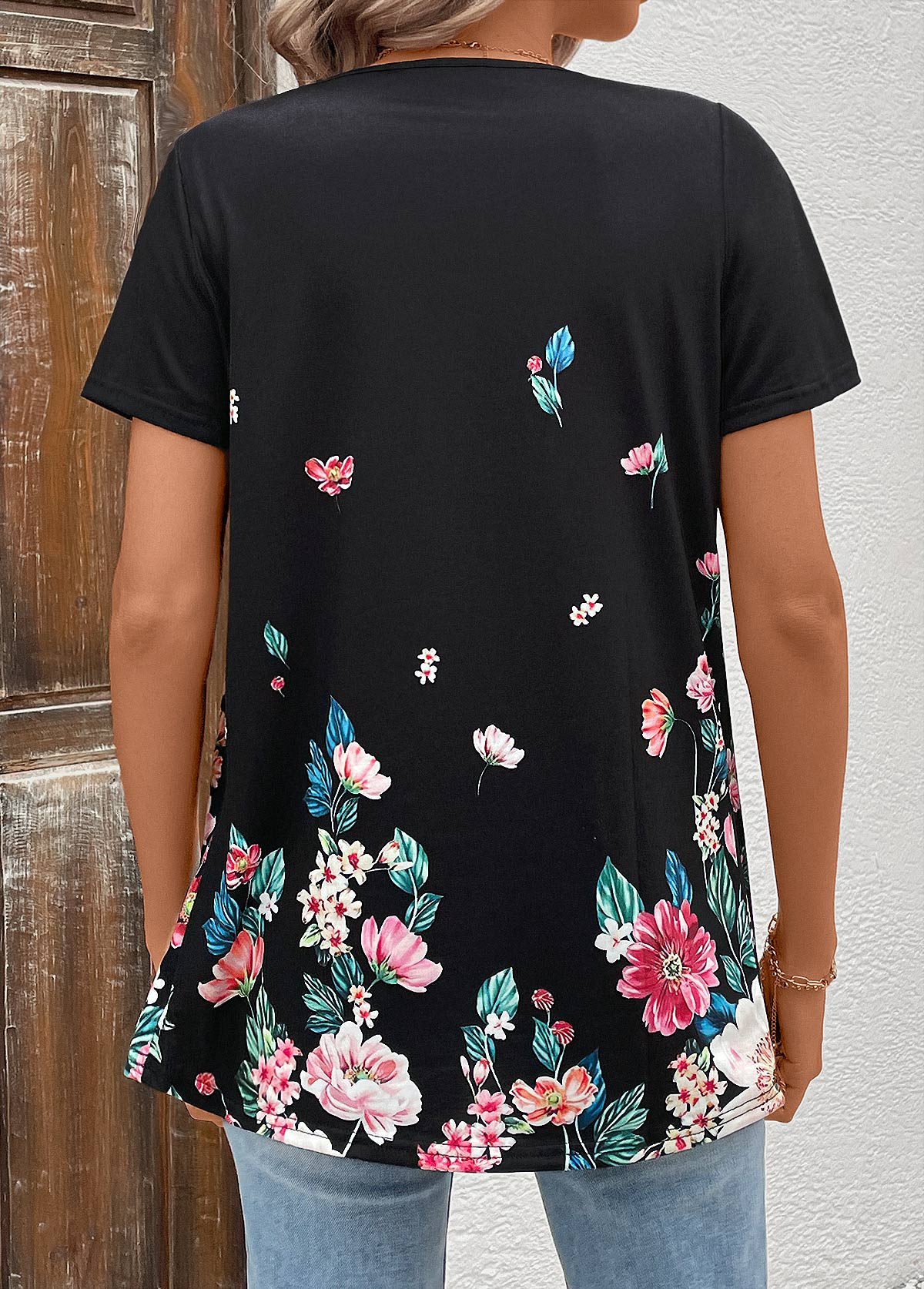 Black Patchwork Floral Print Short Sleeve T Shirt