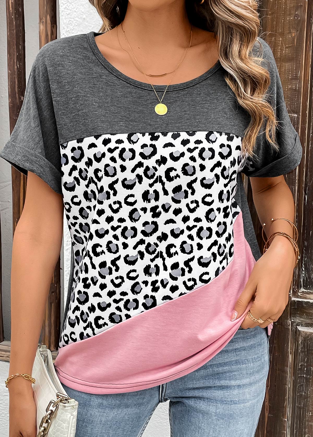 Pink Patchwork Leopard Short Sleeve Round Neck T Shirt