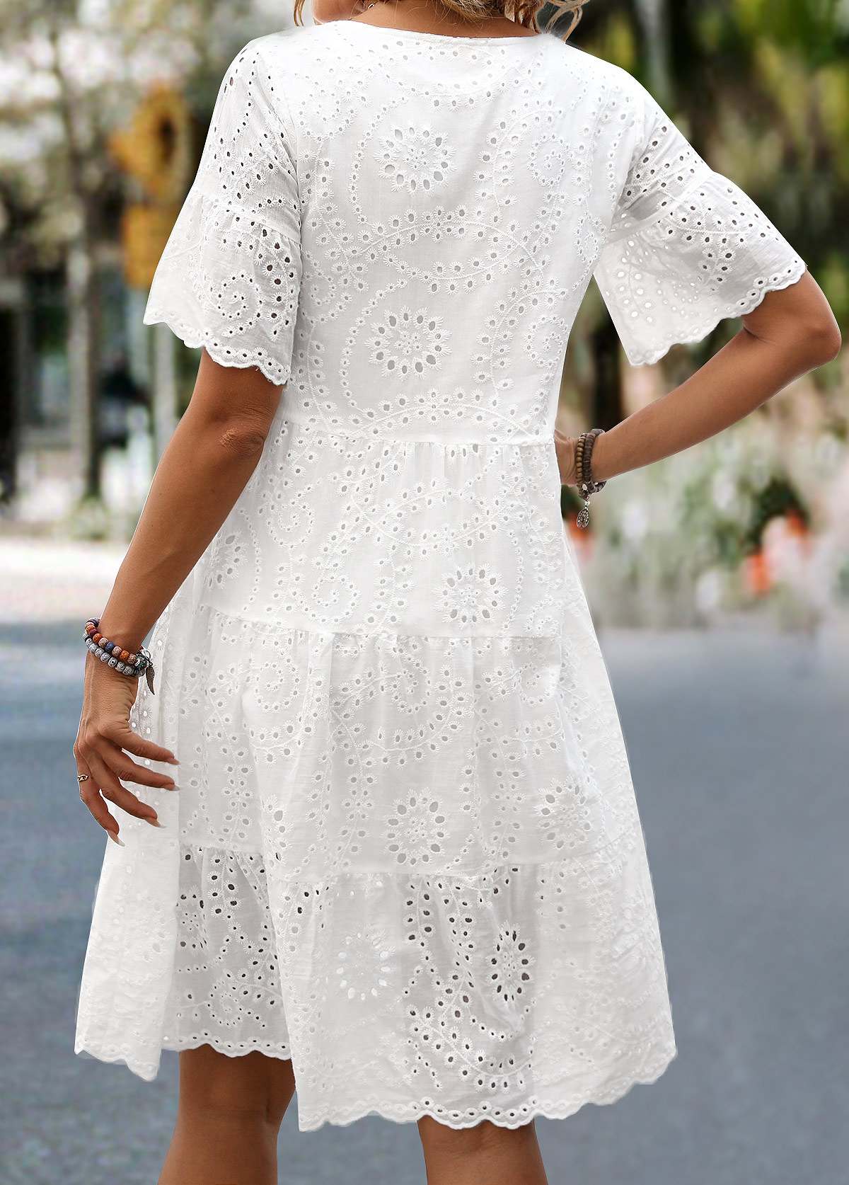 White Ruched Short Sleeve Round Neck Dress